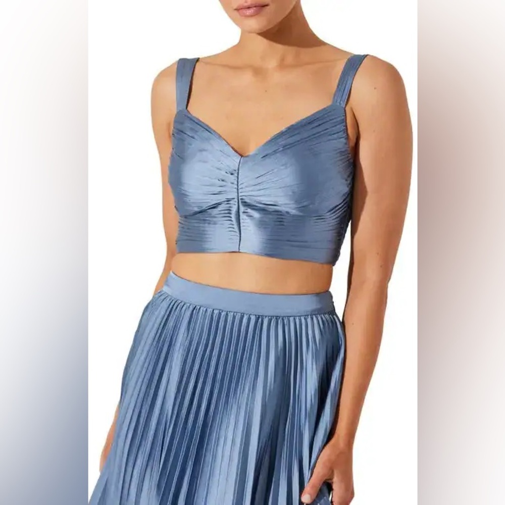 NWT ASTR THE LABEL Pleated Satin Crop Top-Slate Blue
